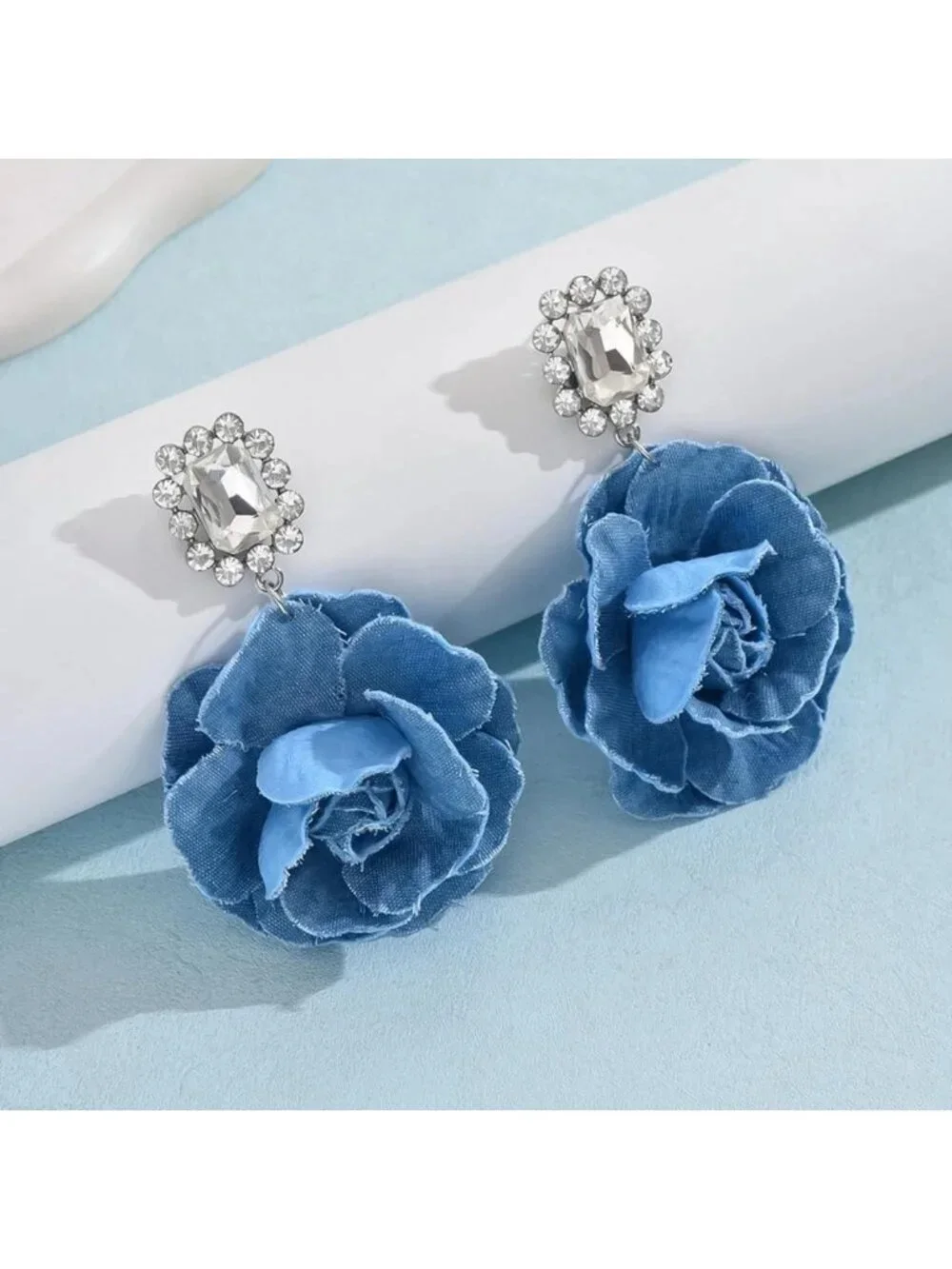 Boho Denim Floral Dangle Earrings for Women - Big Statement Hoop Jewelry